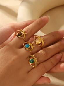 1pc Fashionable Exaggerate Luxurious Golden Devil's Eye With Blue-Green Turquoise Adjustable Ring, Stainless Steel 18k Design, Suitable For Women To Wear For Daily, Festival, Party, Gathering, Date Or Gift