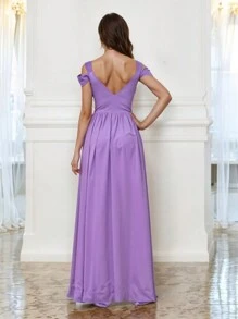 Elegant Off Shoulder Long Dress With Front Slit - Lilac Purple - View 3