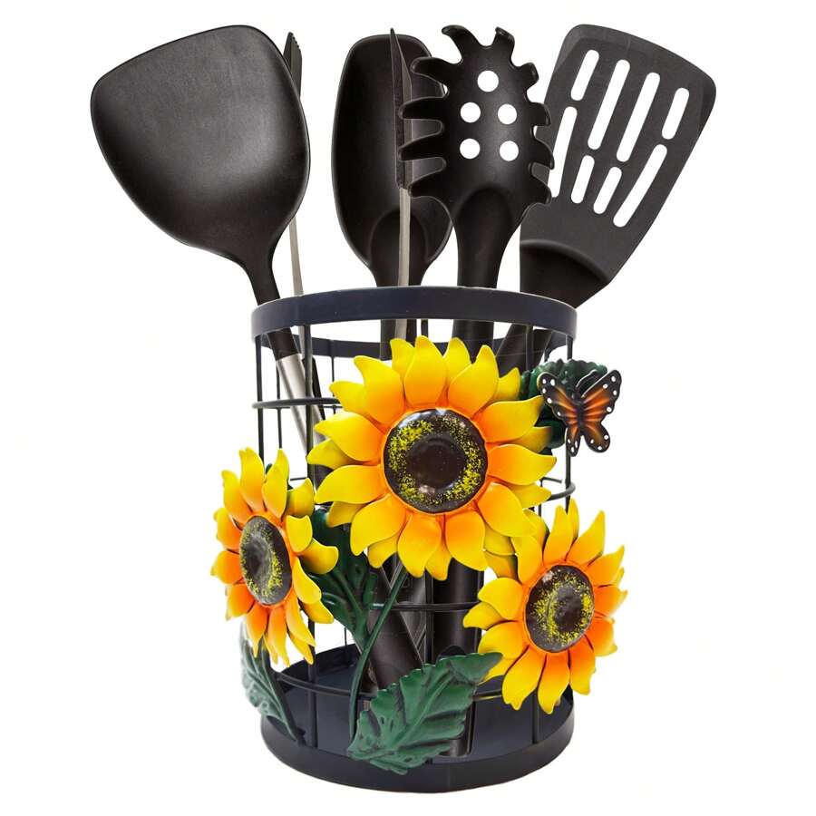 Sunflower Utensil Holder, Sunflower Kitchen Decor Utensil Organizer For Countertop, Sunflower Metal Cooking Tools Farmhouse Kitchen Counter Decor, Kitchen Gifts Utensil Caddy - màu đen - Xem 1