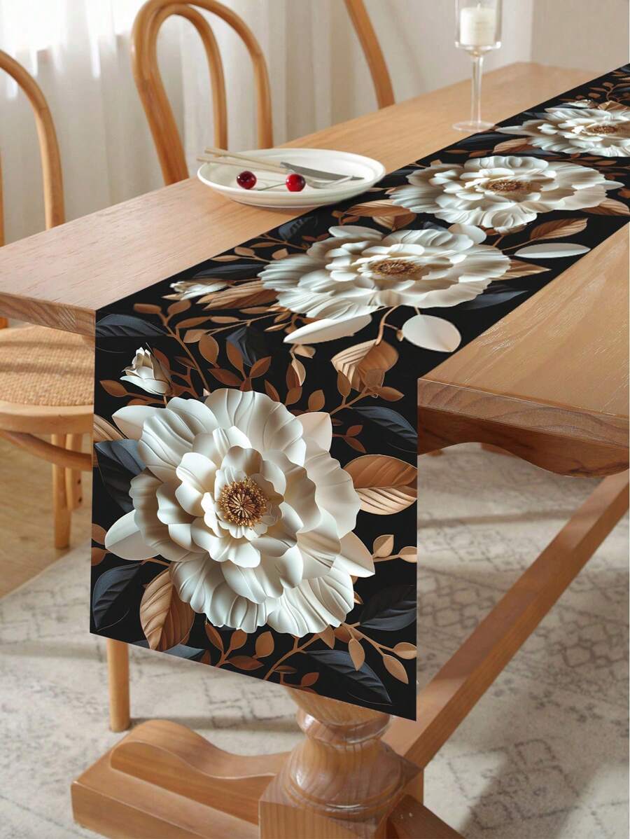 1pc 3D Floral Table Runner, 3D White Floral Theme Design Polyester Table Runner, Elegant White And Golden Floral Tablecloth, Party Festivals Gatherings Home Events Decorations Table Cloth, Desk Dining Tables Gift Tables Tabletop Decorations Table Cover, Kitchen Decorations Table Set , Room Decor Home Decor Table Skirt, Holiday Gifts Party Favors - 3D White Flowers - View 1