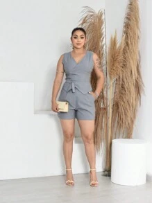 Shorts And Wrap Blouse Set - 灰色 - 查看 4