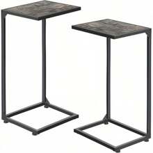 Juego de 2 mesas auxiliares con forma de C y tapa de madera rústica - Mesas laterales deslizantes debajo del sofá que ahorran espacio, estructura de metal resistente, fácil montaje, perfectas para la sala de estar y el dormitorio, mesa de estar - Blanco - Ver 10