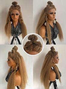 Kinky Straight Lace Front Wig 28Inch Synthetic T-Part 13x5x1 Long Lace Wigs Afro Yaki Straight Wigs Ombre Brown