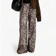 Women's Leopard Print High Waist Wide Leg Pants, Casual Polyester Woven Pants With Drawstring Waist, Suitable For All Seasons - Black - View 1