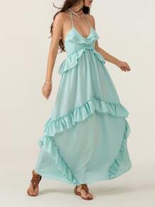 Women Y2K Summer Boho Long Dress Sleeveless Deep V Neck Halter Neck Layered Ruffle Maxi Dress Flowy Swing Beach Dress - Mint Blue - View 6