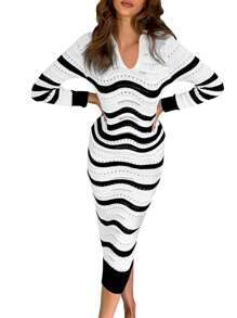 Women's Striped Long Sleeve Sweater Dress Winter Casual Crochet Knit Bodycon V Neck Collared Midi - 白色 - 查看 2