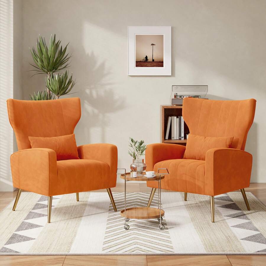 Nalupatio Velvet Fabric Upholstered Reading Comfy Mid Century Modern Armchair With Metal Legs And Spring Support, Accent Chair For Living Room - 橘色 - 查看 1