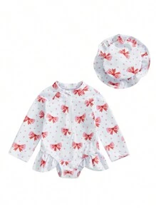 Conjunto de traje de baño para bebé y niña pequeña que incluye bañador de una pieza de manga larga tipo protector solar, sombrero de sol con estampado floral y cierre de cremallera - Blanco - Ver 6