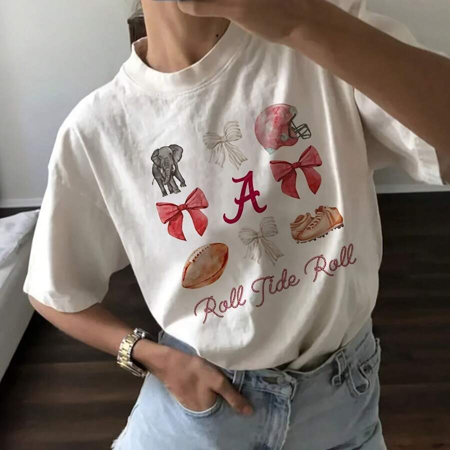 Women's Sweet T-Shirt  Cute Alabama Football Printed Pattern Aesthetic Clothing Summer Casual Style Printed Top T-Shirt - White - View 1