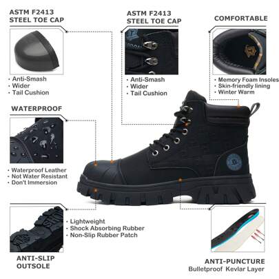 Waterproof Steel Toe Boots For Men - 6 Inch Leather Steel Toe Shoes Safety Boots Indestructible Lightweight Construction Boots Non Slip Resistant Work