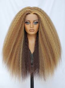 Kinky Straight Lace Front Wig 28Inch Synthetic T-Part 13x5x1 Long Lace Wigs Afro Yaki Straight Wigs Ombre Brown