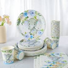 蓝象一次性餐具套装，7/9英寸派对盘子、餐巾、杯子，生日派对用品，一次性纸盘、餐巾、杯子，适用于生日主题派对装饰 - 彩色 - 查看 4