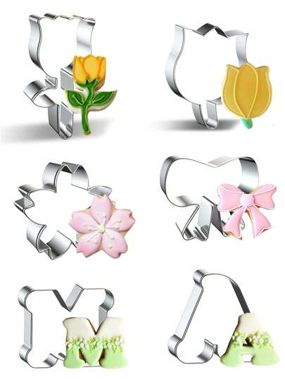 1 pieza Juego de moldes de cortadores de galletas de acero inoxidable con diseños de tulipán, rosa, sakura y lazos, para tartas del Día de San Valentín, bodas, Día de la Madre, fiestas de San Valentín, decoración del hogar y regalos del hogar