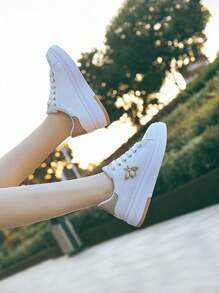 NovedadesZapatillas De Skate Informales Para Mujeres Y Adolescentes, De Suela Gruesa, Cómodas, Livianas Y Con Estilo Urbano/Zapatos Planos Casuales Elegantes, Cómodos Y De Moda Para Mujer Con Forma De En Color Blanco, Estilo Versátil - Dorado - Ver 5