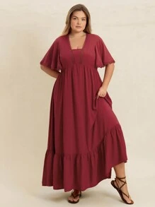 Rusttydustty 2025 Frühlings- und Sommer-Kleid in Große Größen mit roter Spitze, V-Ausschnitt, Rüschenärmeln, locker geschnitten, geeignet für Hochzeitsessen, Strandurlaub, Musikfestivals, tropische Urlaubsreisen nach Hawaii