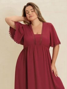 Rusttydustty 2025 Frühlings- und Sommer-Kleid in Große Größen mit roter Spitze, V-Ausschnitt, Rüschenärmeln, locker geschnitten, geeignet für Hochzeitsessen, Strandurlaub, Musikfestivals, tropische Urlaubsreisen nach Hawaii