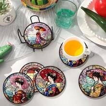 4pieces Japanese Cherry Blossom Wooden Coaster-Heat-Resistant Non-Slip Table Mat, Suitable For Home, Office And Theme Parties, 3.9 Inches