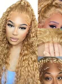 Peluca rizada rubia miel, cabello humano, 5x5, pelucas frontales de encaje de alta definición con ondas de agua rubias, prearrancadas con cabello de bebé, densidad 180, peluca de cabello humano con ondas de agua rubias de color n.° 27 (peluca rubia rizada de 22 pulgadas para mujeres) - Dorado - Ver 6