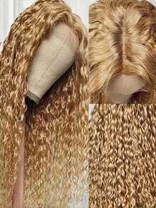 Peluca rizada rubia miel, cabello humano, 5x5, pelucas frontales de encaje de alta definición con ondas de agua rubias, prearrancadas con cabello de bebé, densidad 180, peluca de cabello humano con ondas de agua rubias de color n.° 27 (peluca rubia rizada de 22 pulgadas para mujeres) - Dorado - Ver 10