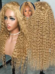 Peluca rizada rubia miel, cabello humano, 5x5, pelucas frontales de encaje de alta definición con ondas de agua rubias, prearrancadas con cabello de bebé, densidad 180, peluca de cabello humano con ondas de agua rubias de color n.° 27 (peluca rubia rizada de 22 pulgadas para mujeres) - Dorado - Ver 3