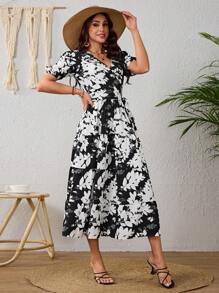 Elegant Women's Long Dress, Deep V Neck Dress, Cloth Belt Dress, Vintage Printed Dress, Lantern Sleeve Dress For Spring And Summer - 黑色 - 查看 4