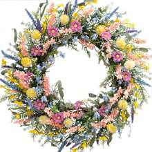 24 Inch Spring Summer Colorful Flower Wreath For Front Door, Forsythia Lavender Wild Flowers Wreath For Home Decor, Colorful Wild Flowers With Green Leaves Wreath For EverydayMother's Day Easter