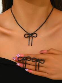 时尚简约蝴蝶结项链和耳环套装，女士婚礼首饰，优雅闪亮派对和节日礼物