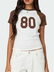 Women's Summer Tops Striped Raglan Sleeve Round Neck Letter Print T-Shirts Street Blouses - Brown - View 3