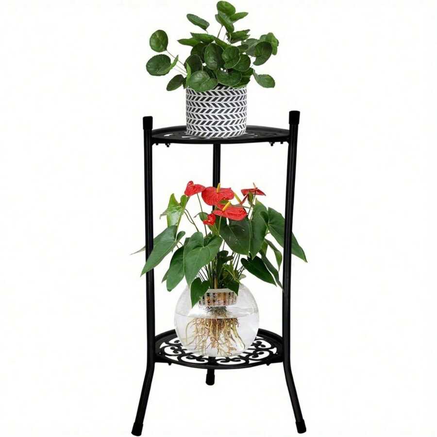 2 Tier Metal Plant Pot Stand 50 * 30cm Garden Terrace Decoration Flower Stand Home Decor Plant Stand Bonsai Holder For Home Patio Office Garden - Black - View 1