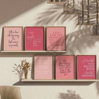 6pcs Motivational Wall Art Decor For Women, Pink Office Desk Decor With Life Quotes Gallery Wall Set, Blush Pink Makeup Home/Office Decoration, Unframed Gifts Birthday Graduation
