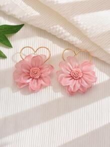 1 par de pendientes de mujer con corazón hueco y flores de tela - Rosa Pálido - Ver 3