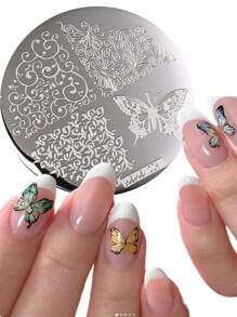 花朵/卡通/蕾丝美甲设计印花板花朵蝴蝶字母心形图案指甲印章模板 5.5 厘米指甲 DIY 模板图案印刷板美甲工具女士女孩美甲用品 - 銀色 - 查看 5