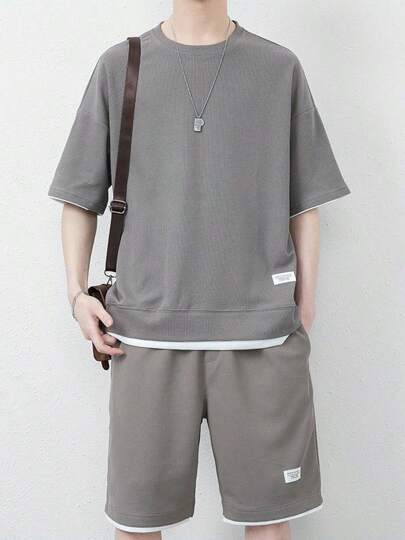 Waffle pantalones cortos traje de verano de los hombres de manga corta conjunto con ropa deportiva casual Conjuntos de Camiseta para Hombre