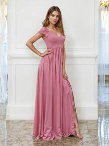 Elegant Off Shoulder Long Dress With Front Slit - Pink - View 2
