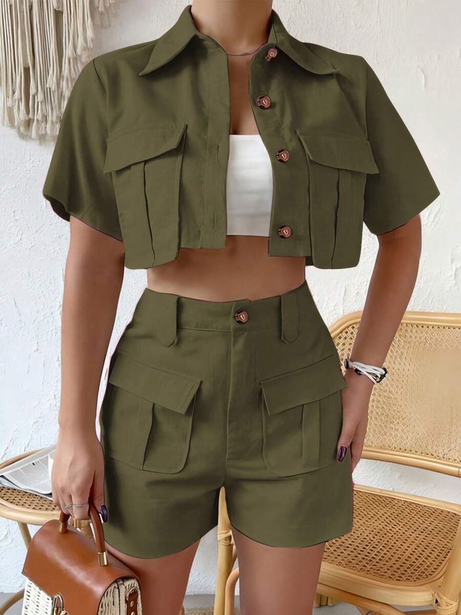 翻盖口袋短款衬衫和短裤 - 軍綠色 - 查看 1