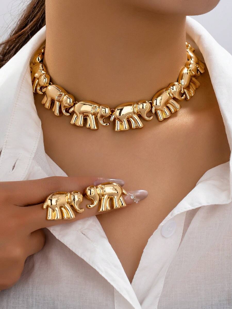1 Set Premium Vintage Exaggerated Elephant Design Fashion Necklace And Earrings Jewelry Set For Women - Yellow Gold - View 1