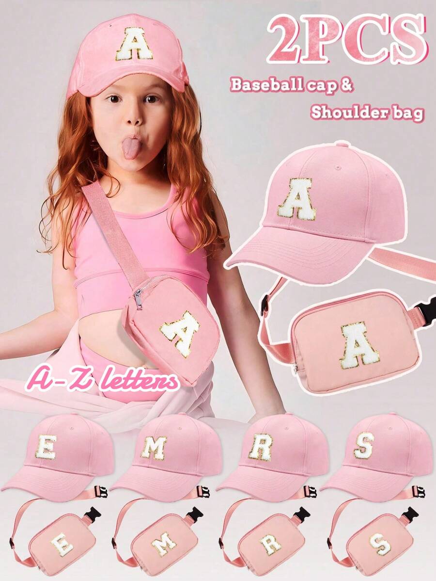 2pcs Set Personalized 26 Letter Kids Baseball Cap & Shoulder Bag, 1pc Fashion Letter Side Bag, Suitable For Girls & Boys Daily Outings
