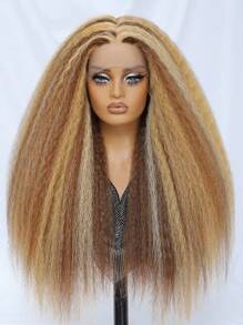 Kinky Straight Lace Front Wig 28Inch Synthetic T-Part 13x5x1 Long Lace Wigs Afro Yaki Straight Wigs Ombre Brown