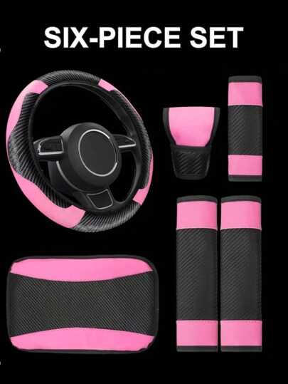 6 Pezzi Set Accessori Auto in Pelle PU, Coprivolante, Copri Console Centrale, Copri Freno a Mano, Copri Cintura di , Copri Bracciolo, Accessori Auto, Modanature Interni Automobile.