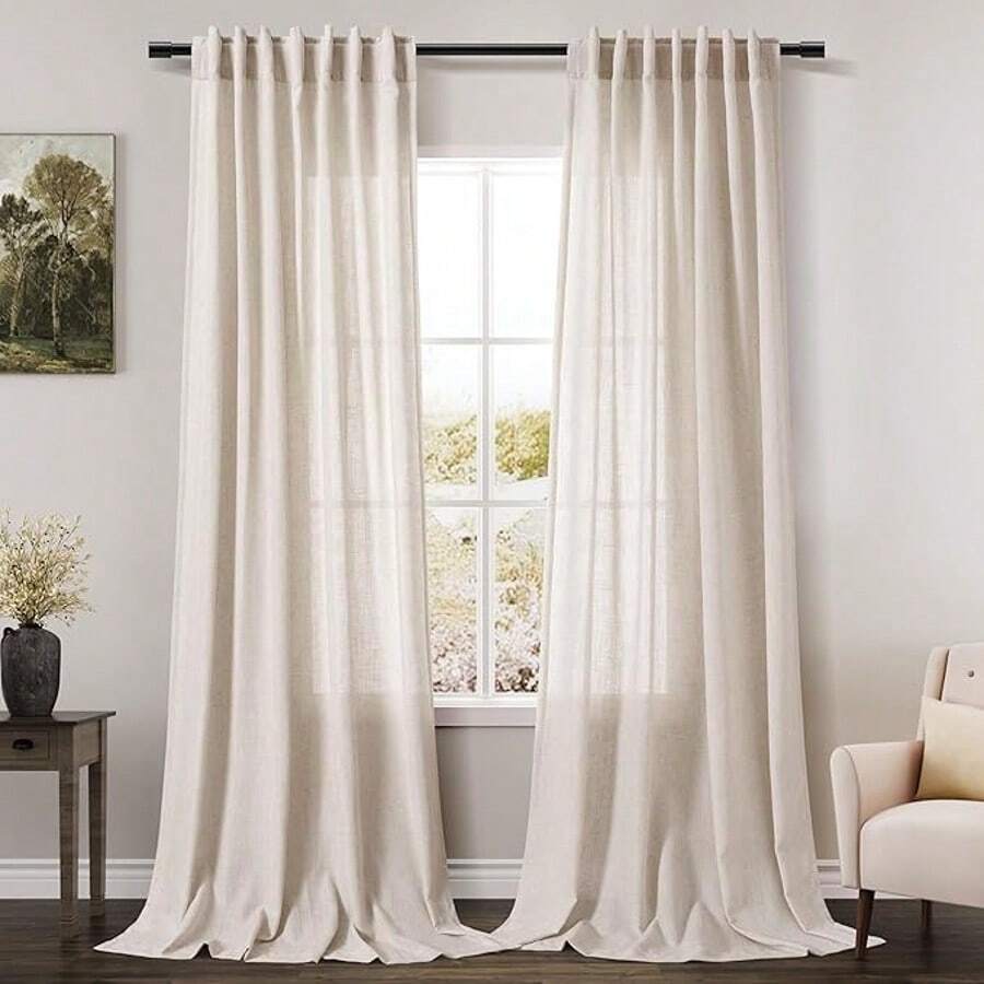 Extra Long Curtain 108 Inches Long 2 Panels Set Back Tab Beige Linen Drapes For Living Room Neutral Farmhouse Light Filtering Semi Sheer Linen Curtains 108 Inch Length For Large Window Tan 9 FT - Linen - 查看 1