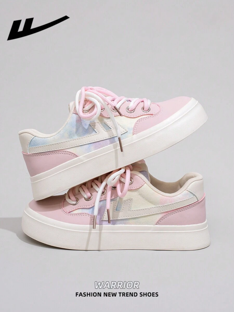 WARRIOR Women's Lace-Up Design Skateboard Shoes, Low-Top Casual Shoes, Outdoor Flat Shoes, Breathable Summer Slip-On Sneakers, Versatile Lightweight Skateboard Inspired Athletic Shoes, Fashionable And Comfortable Ladies Canvas Sneakers With Thick Soles, Street Style Personalized Low-Top Lightweight Soft Bottom Women's Shoes