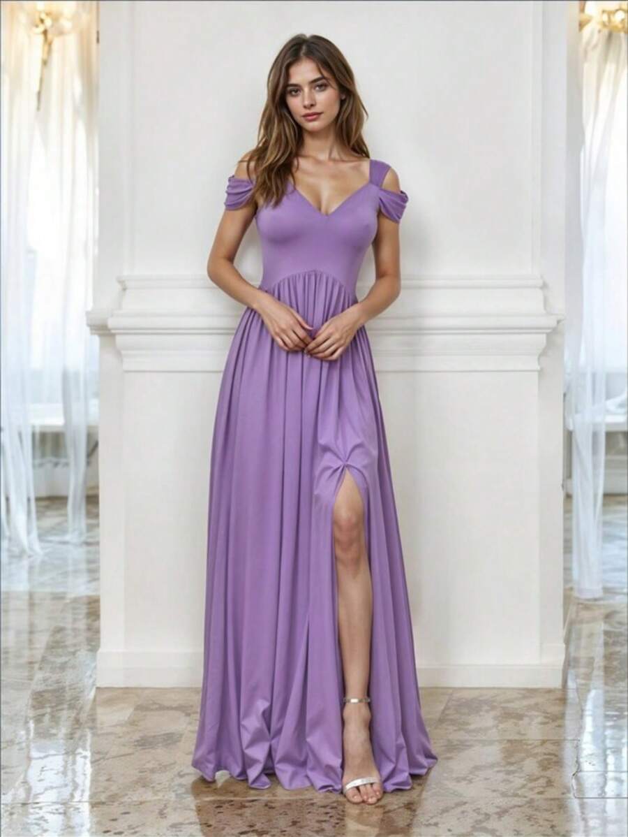 Elegant Off Shoulder Long Dress With Front Slit - Lilac Purple - View 1
