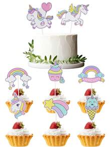 8件套彩虹独角兽生日蛋糕装饰，彩虹独角兽生日派对蛋糕装饰，蛋糕架装饰，婴儿派对装饰，纸杯蛋糕插牌，蛋糕签，生日烘焙DIY用品，生日礼物派对小礼品