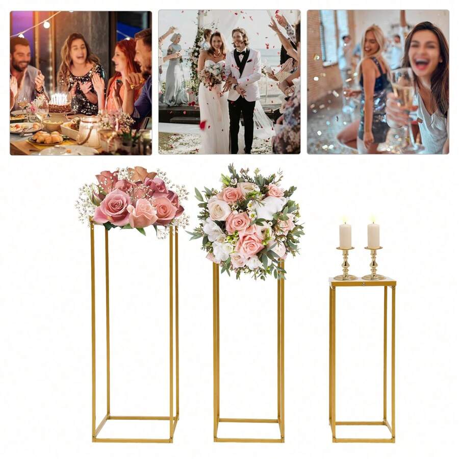 3Pcs Wedding Flower Stand Metal Centerpieces For Tables Flower Plants Vase Golden Tall Floor Vase Column Geometric Flower Stand For Weddings Party Event Decorations (20*20*50cm+23*23*60cm+26*26*70cm) - Gold - View 1