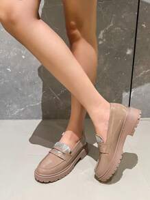 REVREAL Black Patent Leather Loafers With Rhinestone Detailing - Khaki - View 1