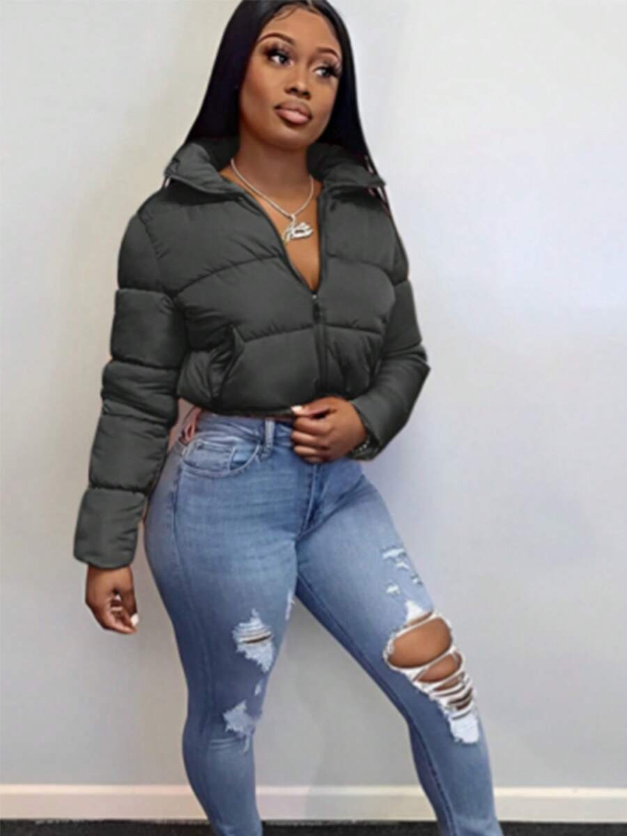 Chaqueta corta de algodón rellena a mano con tejido de memoria para mujer - Negro - Ver 1