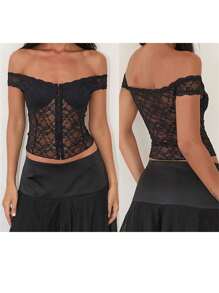 Women's Off Shoulder Lace Corset Short Sleeve Solid Color Slim Fit Bustier Tops Vintage Shirts - Black - View 6