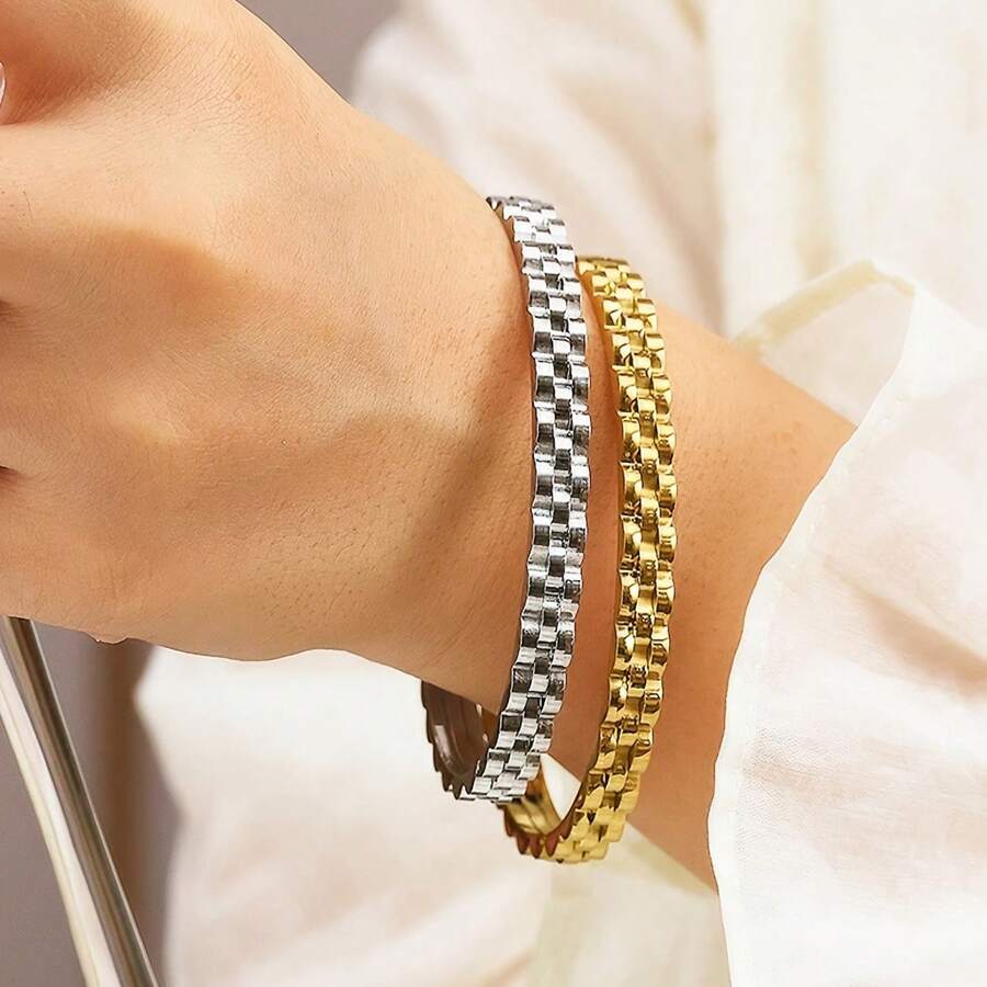 1 件优雅不锈钢手镯，简约而个性化的三层齿轮扣袖口，时尚珠宝 - 手鐲 - 查看 1