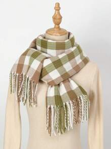 1 pièce Écharpe à franges style japonais à carreaux vert frais