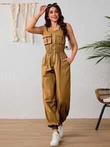 Women's Elegant Wide Leg Jumpsuit, Flocking Fabric Jumpsuit, Plunging Neckline And High Waist